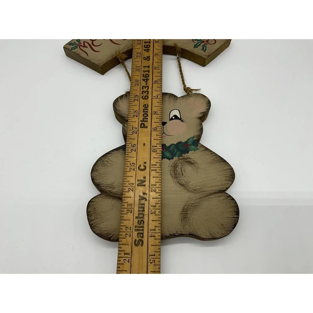 Vintage Handmade Merry Christmas Bear Wood Wall Sign Brown Holiday Decor Plaque